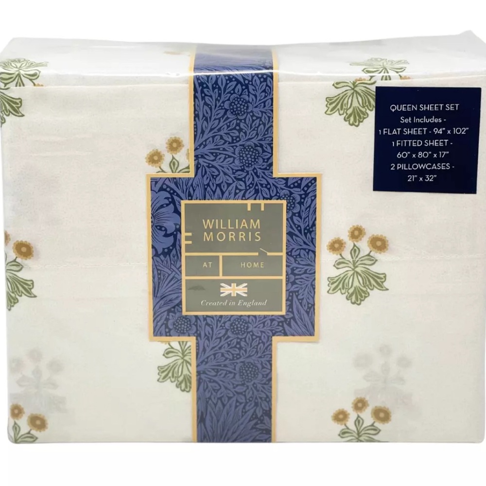WILLIAM MORRIS England 4PC QUEEN 100% Cotton Sheet Set Woodland Floral Ochre NEW